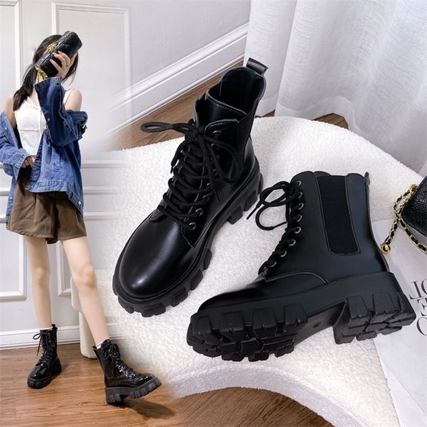 

boots chunky platform ankle boots women autumn laceup zippers motorcycle boots woman thick bottom short botas female 220913, Black