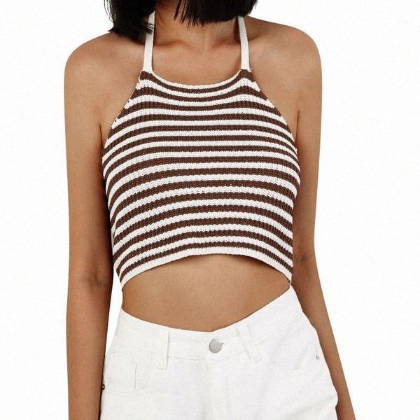 

women's tanks & camis women's tanks & camis women summer fashion halter knitted crop cami sleeveless striped print color block cr, White