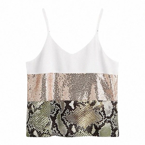 

women's blouses & shirts women's blouses & shirts ostrich women casual v-neck contrast snakeskin print sequin cami elegant noble, White