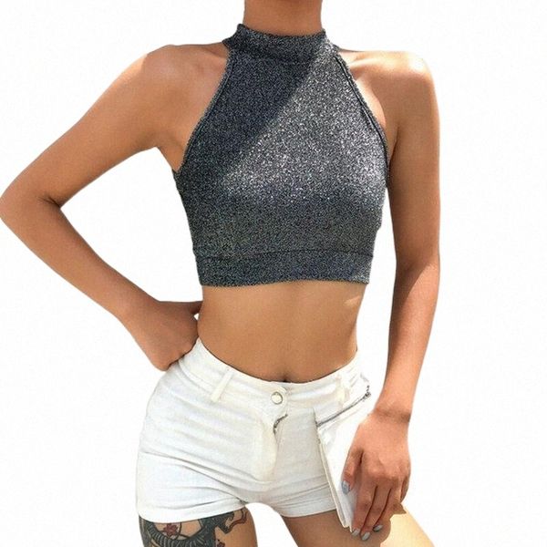 

women's tanks & camis women's tanks & camis women shiny halter sleeveless crop lady summer casual black clubwear vest tank a5fi#, White