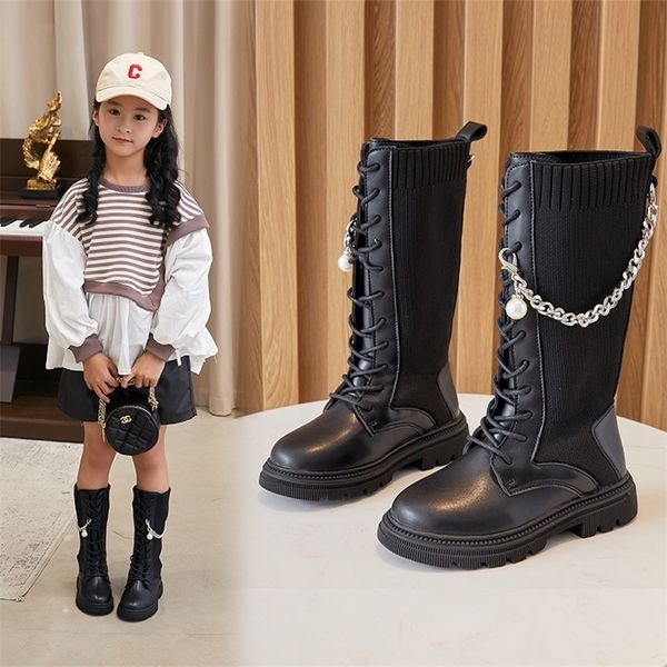 

boots winter single high-tube mid-tube sock children knitted stretch girls metal chain princess 220913, Black;grey