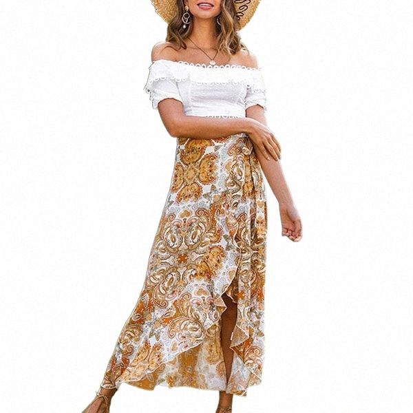 

skirts skirts bohemian floral print female summer 2022 ruffle split long women beach wear bow tie ladies casual skirt g2bf#, Black