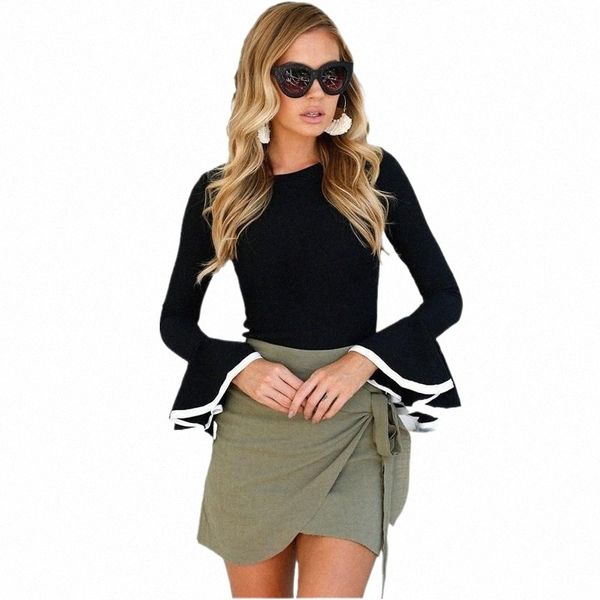 

women's blouses & shirts women's blouses & shirts 2022 autumn winter crew neck flare sleeve women blouse slim stiching femme ruffl, White