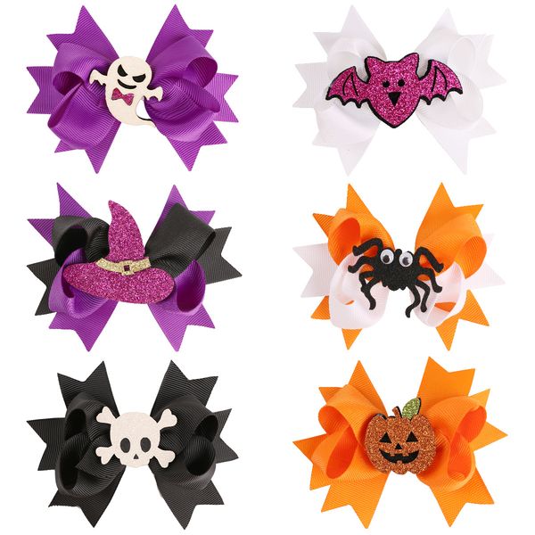 

baby halloween grosgrain ribbon bows with clip girls kids ghost pumpkin children girl pinwheel hair clips hairpin accessories, Slivery;white