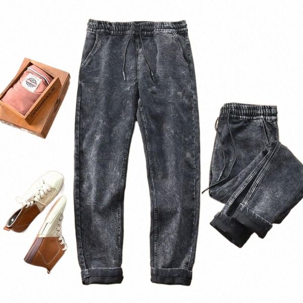 

men's pants men's pants denim washed elastic drawstring jeans comfortable loose thick casual g31w#, Black