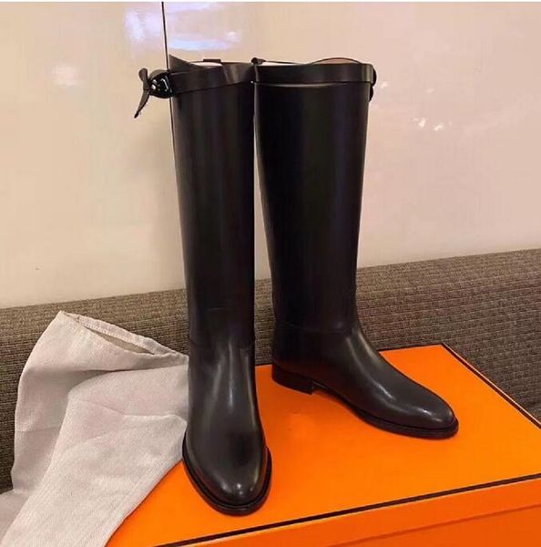 

designer winter kelly buckles jumping knee boots ankle boot leather women's booty ladies martin chunky heel high-quality cool knight si, Black