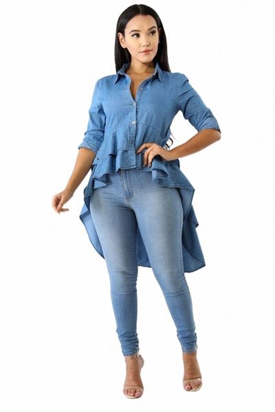 

women's blouses & shirts women's blouses & shirts casual double ruffle hem denim long blouse asymmetric blue turn down collar butt, White