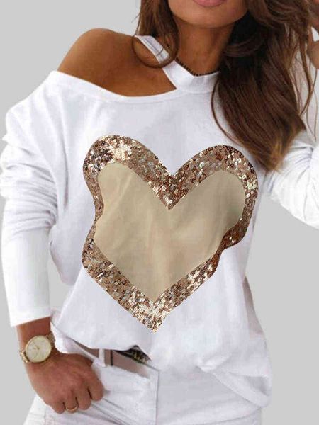 

women's women fashion casual heart print sequin decor blouse pullovers tee fashion long sleeve casual blouse t220825, White