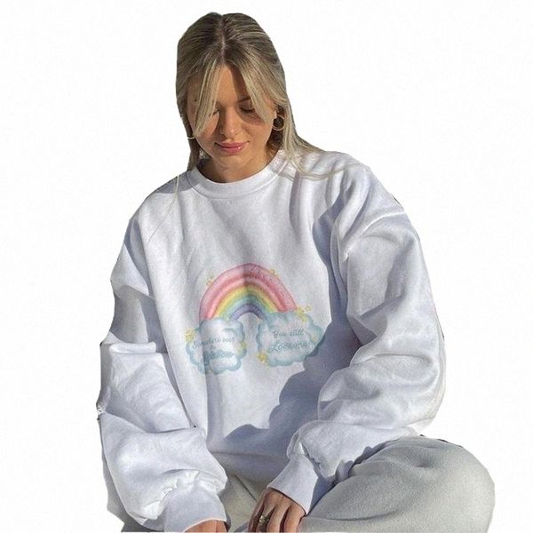 

women's hoodies & sweatshirts women's hoodies & sweatshirts autumn rainbow print woman sweatshirt casual white ladies oversized fa, Black
