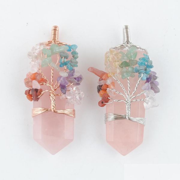 

pendant necklaces natural stone pendant rose quartz good quality 7 chakras tree of life jewelry women men gold sier wire wr newdhdhynb, Silver