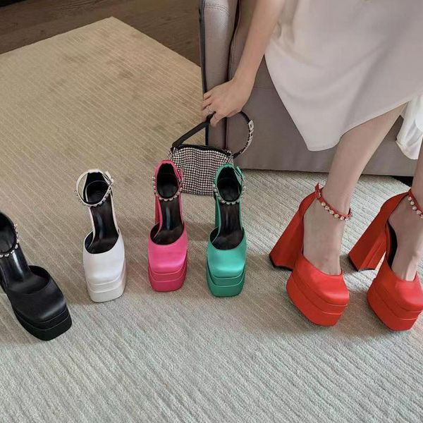 

women classic luxury square toe super heels sandals designer high heels elegant design solid color rhinestone anklet fashion block heel plat, Black