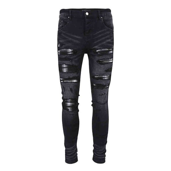 

fashion street cowboy casual pants micro elastic cotton youth light blue splash paint tight jeans anniris hole breaking patch cloth trend le