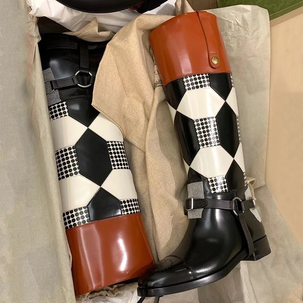 

boots toe knee high women autumn winter thick heels knight woman solid plaid color matching leather shoes female 220913, Black