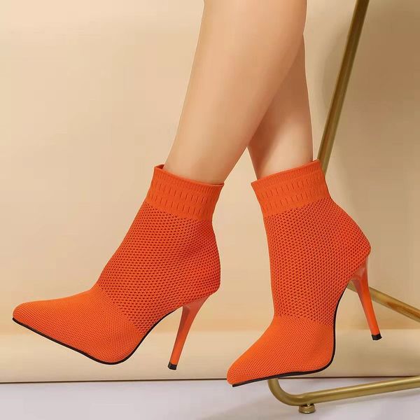 

boots knitted elastic socks women s ankle boot fashion pointed toe stiletto plus size 43 short botas high heel shoes 220913, Black