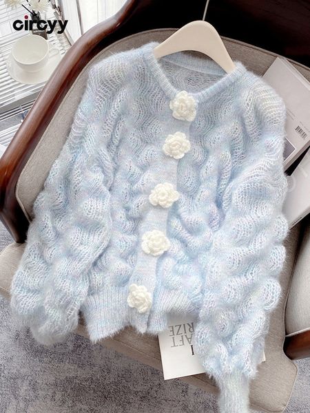

women s sweaters circyy cardigan women sweater knitted light blue tie dye rose button korean chic sweet casual o neck female clothing 220913, White;black