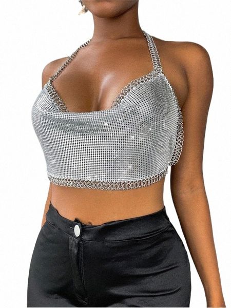 

women's tanks & camis women's tanks & camis sruby vintage y2k black metal chain halter sequin crop women summer beach party night, White