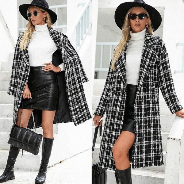 

women's wool & blends women's wool & blends women overcoats 2022 winter plaid long coats fashion sleeve casual loose woman jacket, Black