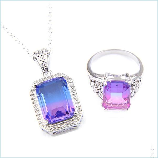 

other jewelry sets new 2pcs/lot jewelry sets rec watermelon tourmaline pendants rings 925 sterling sier necklaces for women vipjewel dhrgk, Silver