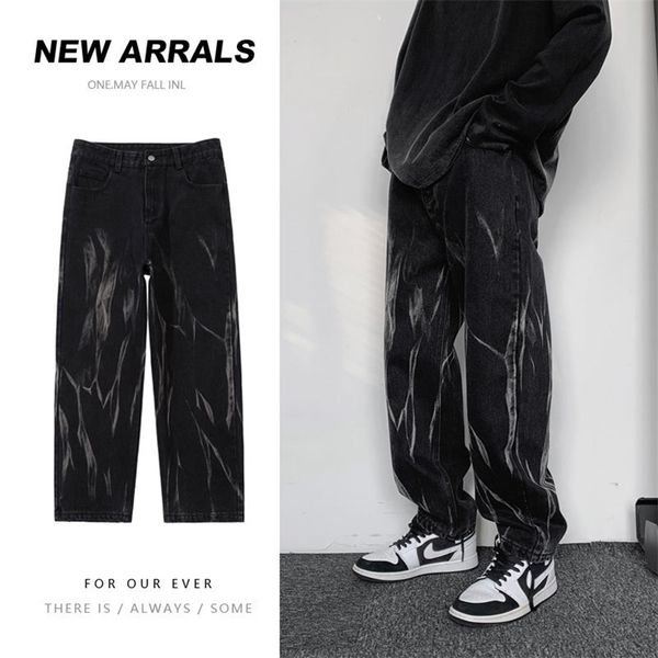 

men's jeans hip-hop tie-dye fashion retro casual baggy wide-leg s streetwear korean loose camo straight denim pants 220913, Blue