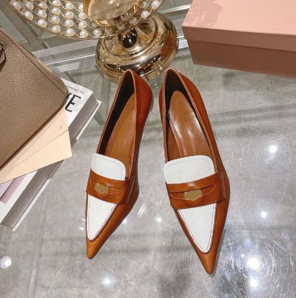 

pointed cat 2022 miu heel leather shoes women stitching new gold shallow mouth high-heels nose retro ladies banquet wedding vacation low hee