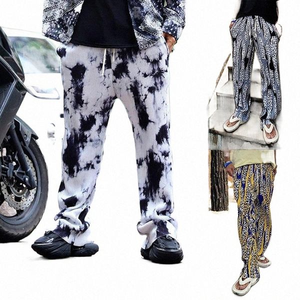 

men's pants men's pants loose mopping summer water ripple smudge elastic waist casual ice silk trousers men's high wide leg p, Black