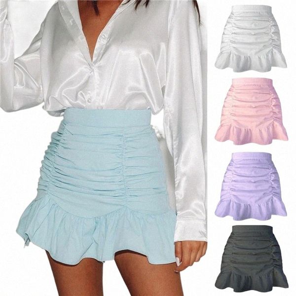 

skirts skirts short women solid a-line summer mini hem ruffles chic ruched all-match high waist selling girls w4l3#, Black