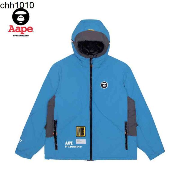 

apes flagship store men's autumn and winter ape print hooded zipper stitched pocket long down jacket 7440xbh, Black