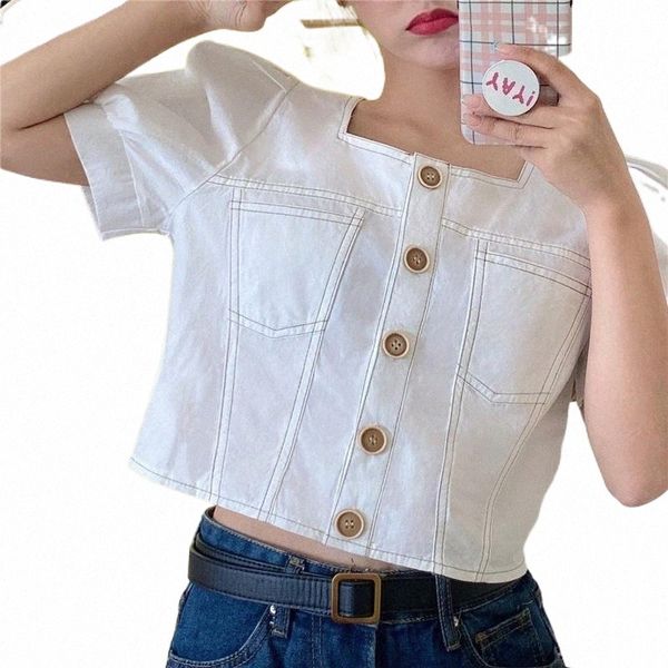 

women's blouses & shirts women's blouses & shirts women french 2022 summer square neck puff sleeve short cardigan black white t s
