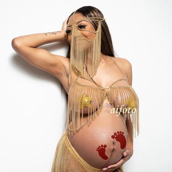 

creative tassel dress body chain mask maternity pgraphy props head trim exaggerated bra skirt pregnancy woman shooting, White