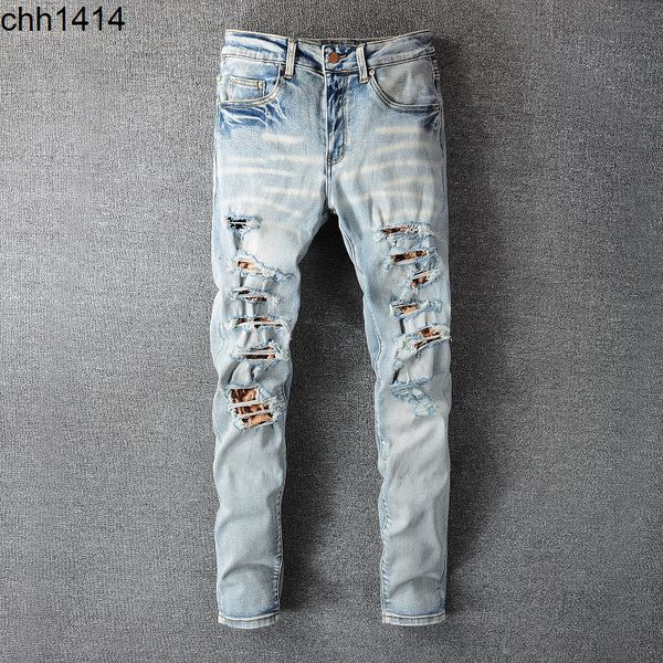 

casual hip hop high street worn out and worn washed splash ink color painting slim fit jeans men's #810, Blue