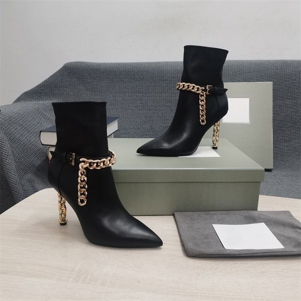

boots autumn women boots pointed toe genuine leather chain short boots zipper women shoes fashion high heels botas mujer 220913, Black