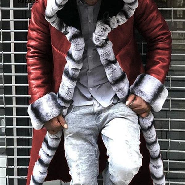 

men's leather faux coat fleece fur patchwork long hooded jacket imitation trench coats winter overcoat male 220913, Black