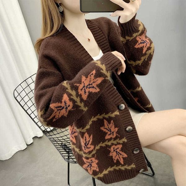 

women s sweaters knitted cardigan beautiful with maple leaf pattern v neck button khaki ladies autumn 220913, White;black