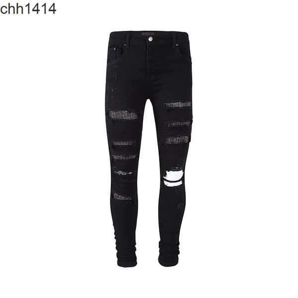 

black diamond encrusted stretch jeans with holes in high streets slim fit for men and women small feet long trousers trendy, Blue