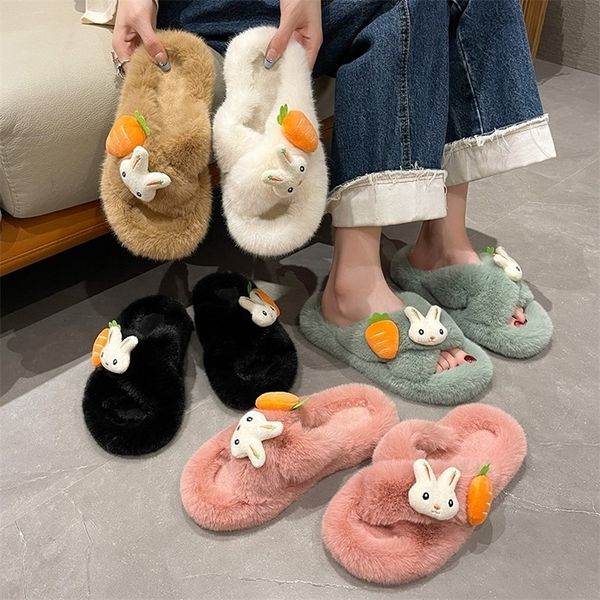 

slippers winter women casual fuzzy slippers female flip flops fluffy shoes cross slides ladies soft plush home indoor slippers 220913, Black