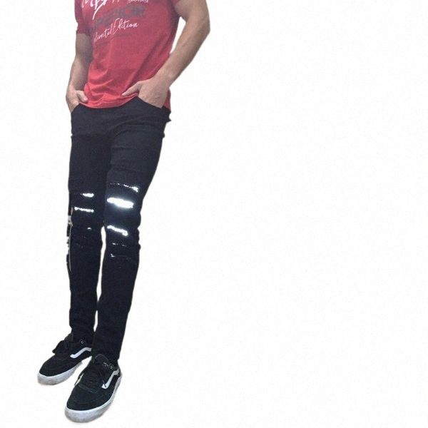 

men's pants men's pants cool reflective jeans mens high waist zipper solid color party denim hole hip hop trousers plus size g9ks#, Black