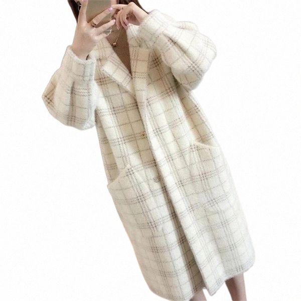 

women's wool & blends women's wool & blends women medium long plaid coat imitation mink velvet autumn winter thick loose lapel col, Black