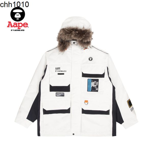 

apes flagship store men's autumn and winter ape face badge multi pocket fashion fur collar hooded down jacket 7443xxh, Black