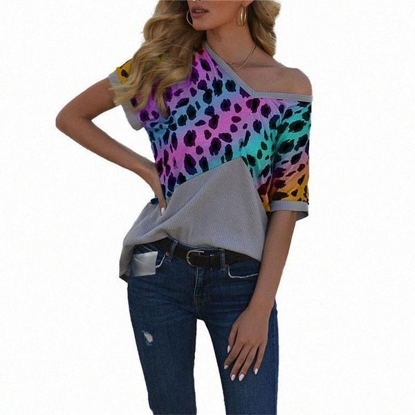 

women's blouses & shirts women's blouses & shirts xingqing women v neck blouse leopard print color block short sleeve hollow out b, White