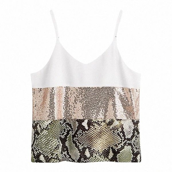 

women's blouses & shirts women's blouses & shirts ostrich women casual v-neck contrast snakeskin print sequin cami elegant noble, White