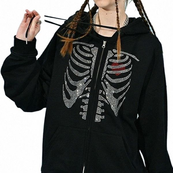 

women's hoodies & sweatshirts women's hoodies & sweatshirts women drilling skeleton heart pattern long sleeve cardigan with drawst, Black