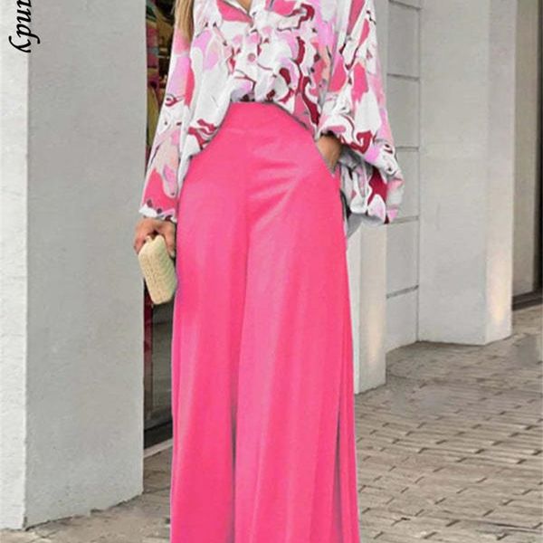 

women's two piece pants women printed chiffon shirt two pieces sets female long sleeve cardigan set summer wide leg pants loose outfits, White