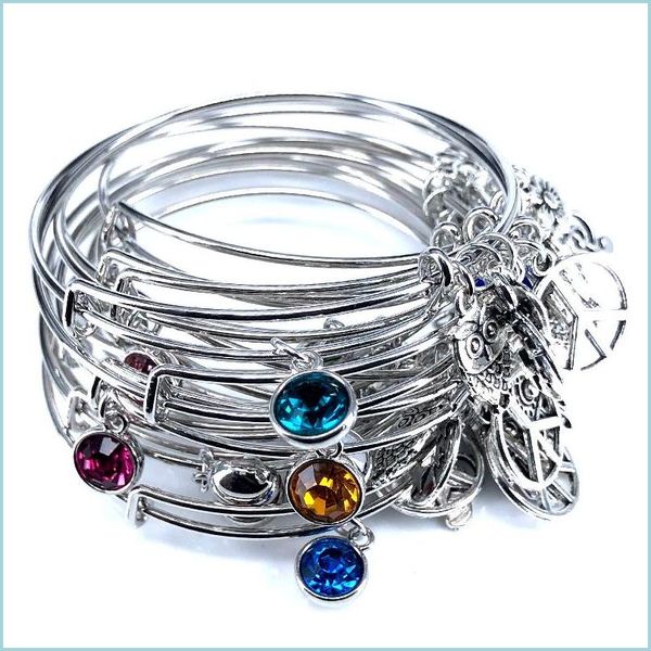 

charm bracelets 12 style colorf birthstone bangle adjustable expandable wire bracelets bangles for women fashion jewelry b18103 drop dhfk3, Golden;silver