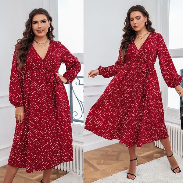 

2022 autumn winter plus size dresses large swing type literary temperament red dress cotton european and american polka dot long-sleeved wom, Black