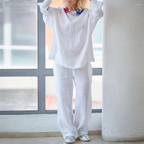 

women's two piece pants straight 2 pcs/set stylish round neck pure color shirt set deep crotch women outfit elastic waist for home wear, White