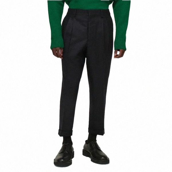 

men's pants men's pants men's slim straight wool pleated trendy autumn and winter fashion leg casual tapered pantsmen's, Black