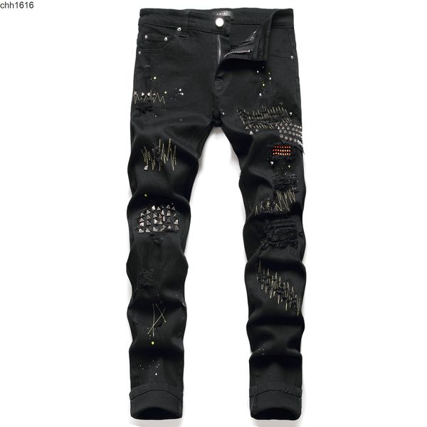 

amirs youth elastic cotton black hole patch cloth willow nail paint fashion men's jeans, Blue