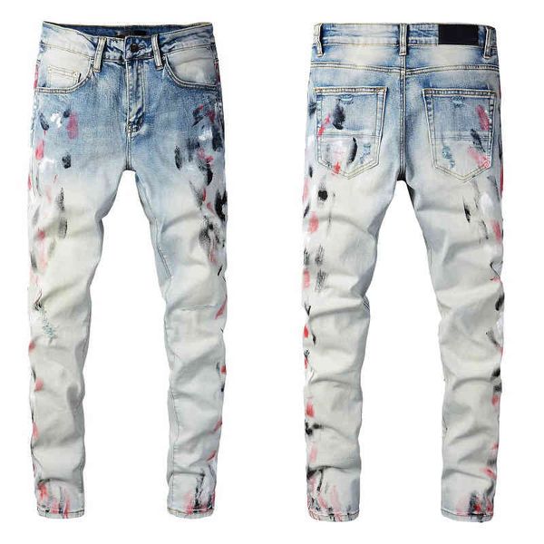 

fashion street cowboy casual pants micro elastic cotton youth light blue splash paint tight jeans anniris hole breaking patch cloth trend le