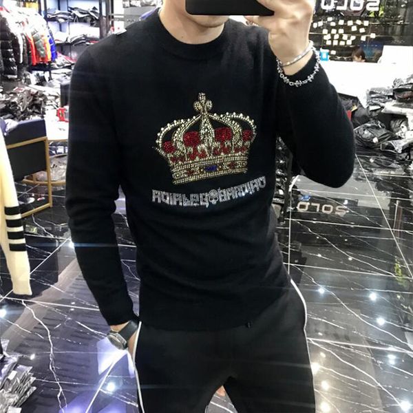 

mens sweater pullovers male o-neck woolly crown rhinestone black autumn winter new male knitting clothing s-3xl, White;black