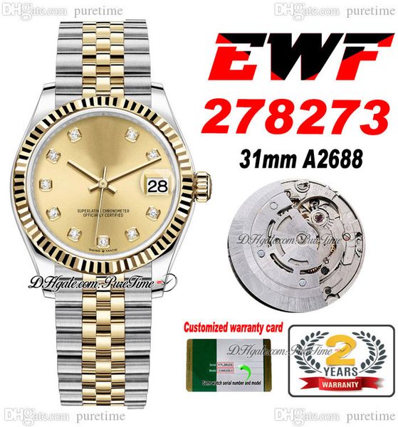 

ewf 31mm 278273 eta a2688 automatic ladies watch two tone yellow gold champagne diamond dial jubileesteel bracelet super edition womens same, Slivery;brown